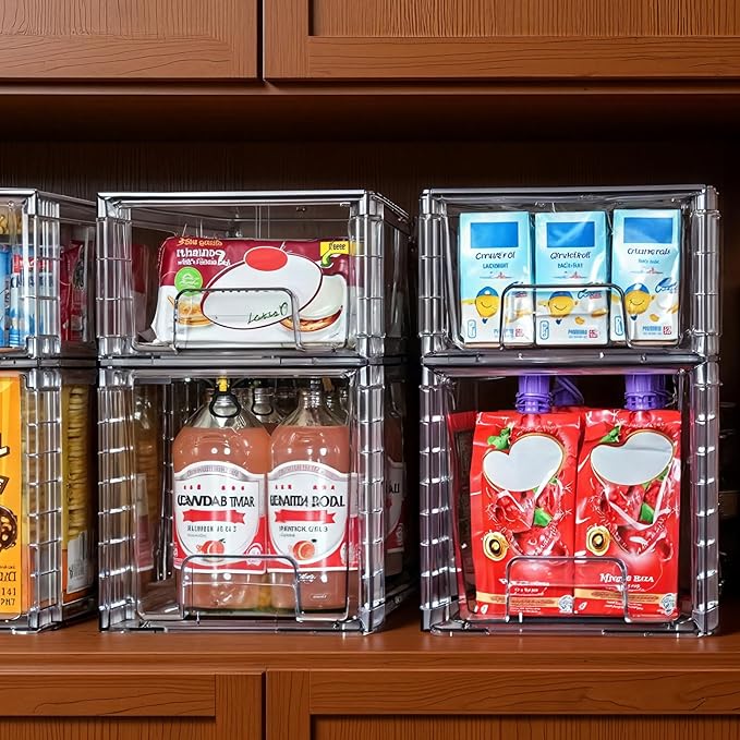 Clear Stackable Acrylic Storage Drawers(4 Pack), Plastic Organizer Bins with Handles, Easy Assembly for Bathroom Kitchen Pantry Cabinet Under Sink Snack Home Storage Solutions