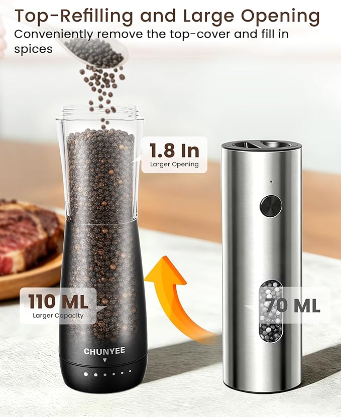 Electric Salt and Pepper Grinder Set - Automatic Stainless Steel Rechargeable Salt and Pepper Grinder Set with Storage Base, Large Capacity, LED Light & Adjustable Coarseness, Ideal Kitchen Gadget
