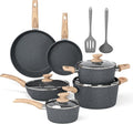 DishDelight Induction Pots and Pans Set Non Stick, 12 Piece Granite Kitchen Cookware Sets, Cooking Pot Set Nonstick Non Toxic, PFOA&PFOS Free, Gray