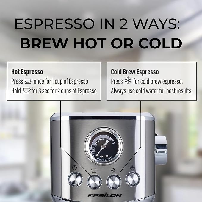 Epsilon Coffee Machine with Milk Frother, Compact 20-Bar Espresso Maker, Hot and Iced Coffee Maker with Removable Water Tank, Cold Brew Feature, and Steam Wand, 1.2L Capacity - Stainless Steel