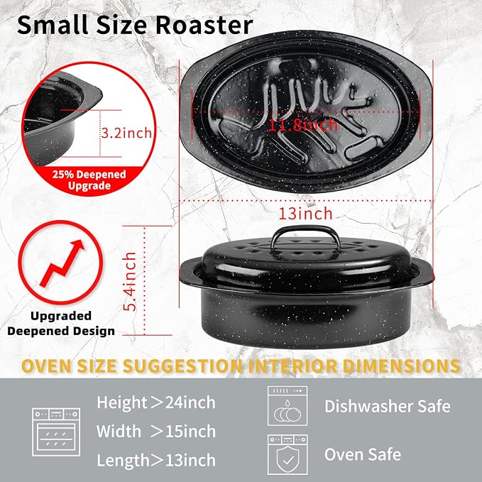 JY COOKMENT Granite Roaster Pan, Small 13” Enameled Roasting Pan with Domed Lid. Oval Turkey Roaster Pot, Broiler Pan Great for Small Chicken, Lamb. Dishwasher Safe Cookware Fit for 7Lb Bird