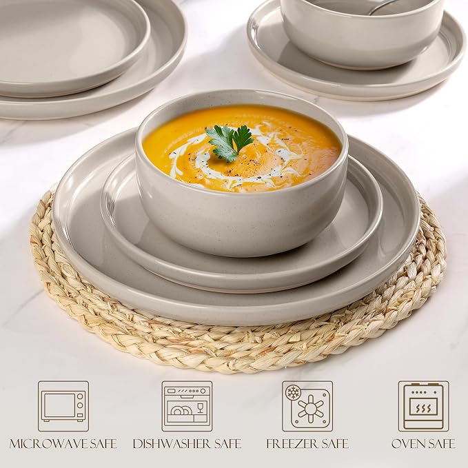 LIANYU Dinnerware Dishes Sets for 2, 6-Piece Stoneware Dinner Set, Ceramic Dining Bowls and Plates Crafted at 2400℉, Scratch Resistant, Microwave & Dishwasher Safe, Milky Brown