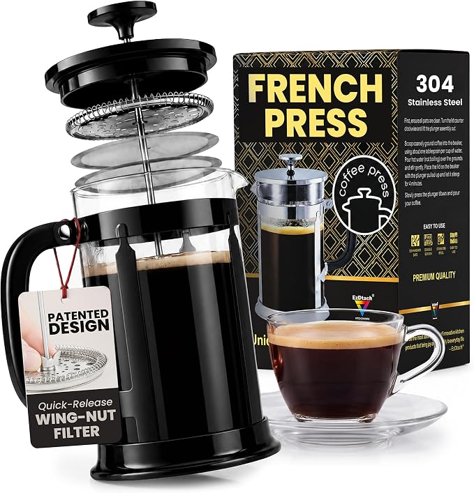 EzDtach French Press Coffee Maker 34oz Black – Borosilicate Glass Pot with 304 Grade Stainless Steel French Press, Double Filter and 2 Extra Screens for Rich, Full-Bodied Flavor at Home or Office