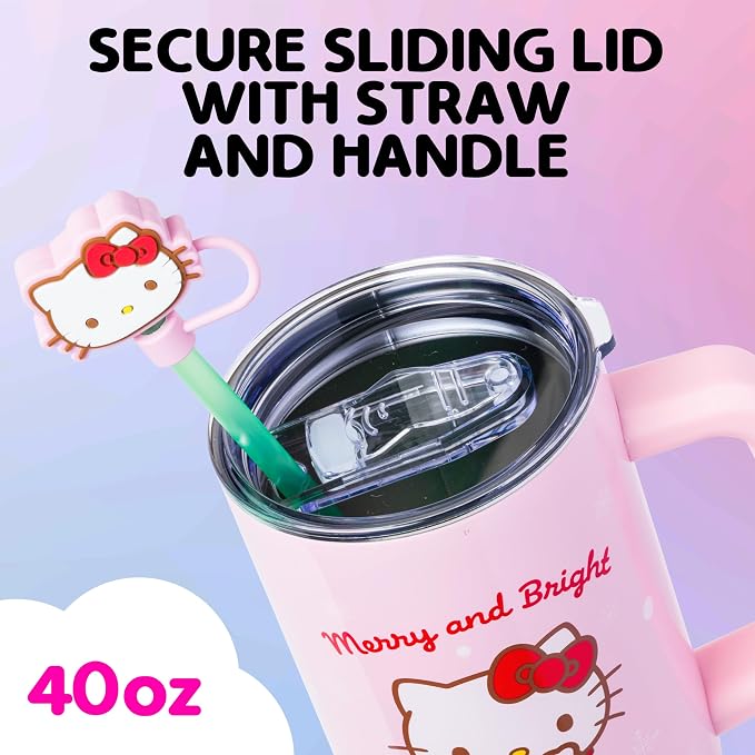 Silver Buffalo Sanrio Hello Kitty Christmas Holiday Sweater Merry and Bright Double Walled Stainless Steel Tumbler with Handle, Straw, and Straw Cap, Fits in Standard Cup Holder, 40 Ounces
