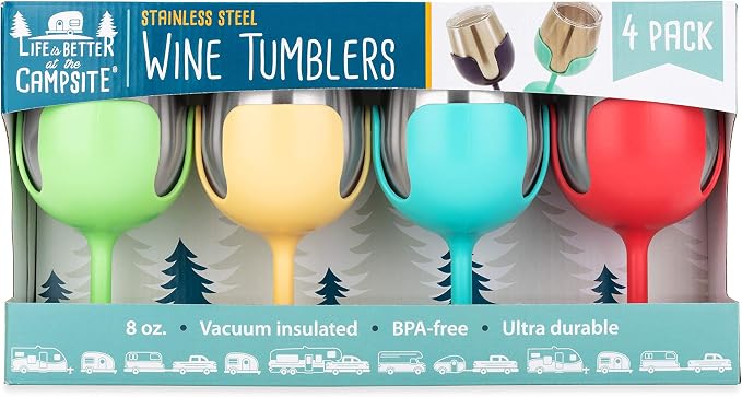 Camco Life is Better at The Campsite Wine Tumbler | Heavy Duty Double Wall Vacuum Insulation | Crafted of 18/8 Stainless Steel | Removable Green, Yellow, Blue & Pink Stems | 4-Pk, 8-oz/Each (53068)