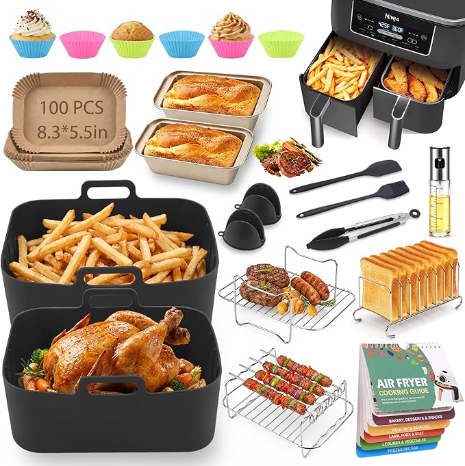 Silicone Air Fryer Liners, Reusable Rectangular Airfryer Basket Liners Compatible with Ninja Foodi DZ201/DZ401/DZ302/DZ550 & Most 8-10QT Dual Basket Air Fryers, 21PCS Air Fryer Accessories