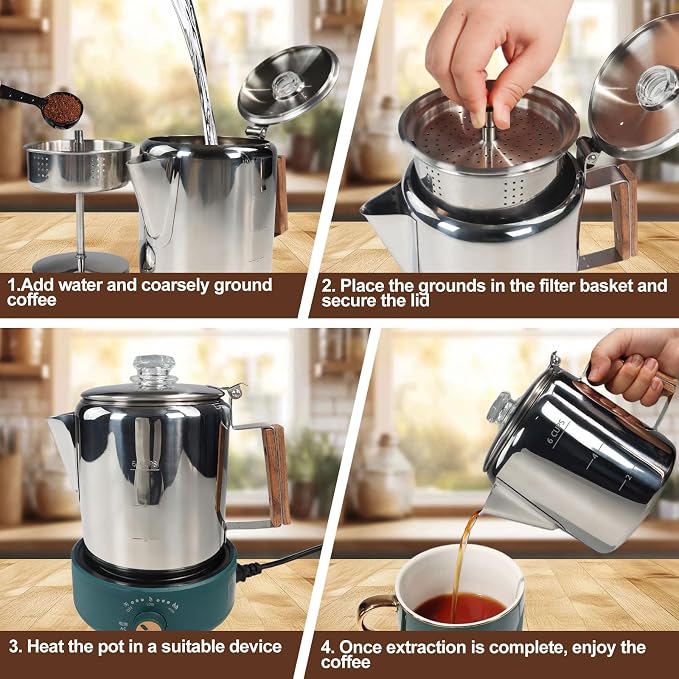 6 Cup Percolator 304 Stainless Steel Coffee Pot Coffee Maker Coffee Machine with Solid Wood Handle Transparent Knob Stovetop Greca Mocha for Induction Home and Camping 1000ml 33.8oz