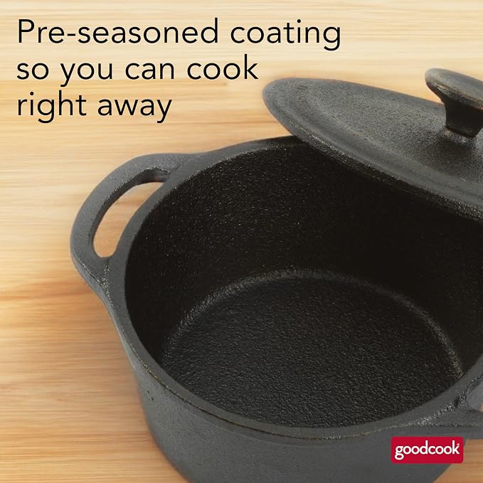 GoodCook Mini Dutch Oven with Lid, Pre-Seasoned Cast Iron Personal-Sized Pot for Stews Soups and Individual Desserts, Oven Safe to 500°F, 0.25-Quart, Black