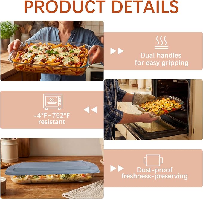 9x13 Glass Baking Dish With Lid - 3qt Glass Casserole With Carrier Insulated Bag For Hot Or Cold Food - Large Casserole Dish For Oven Potluck Party Picnic Cookouts（Beige and brown）