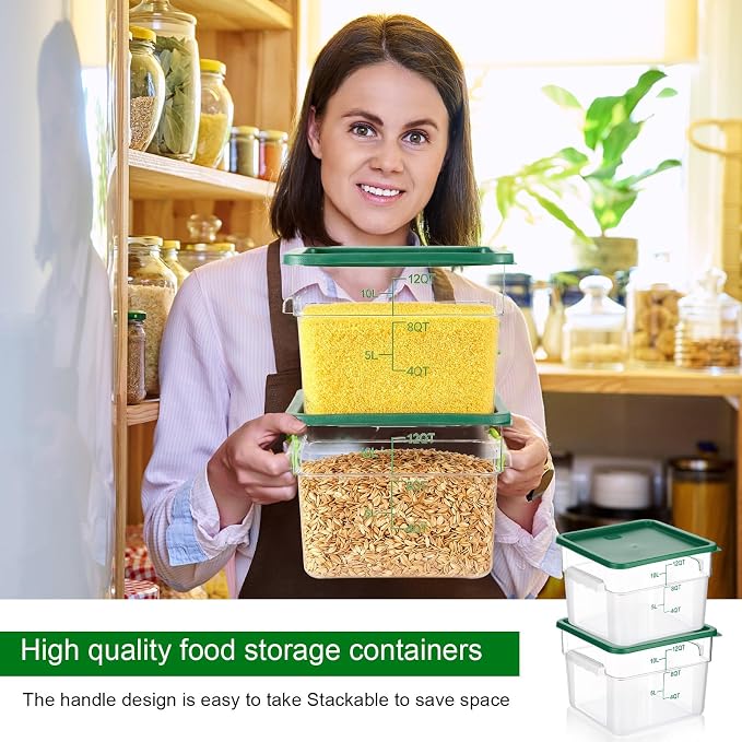 FoldTier 2 Pieces Square Food Storage Containers Polycarbonate Clear food Container with Lid Commercial Storage with Graduations for Commercial Kitchen Dough Marinating Meat(Green,12 Qt)