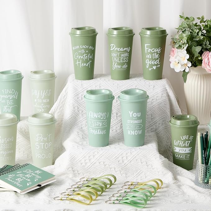 Skylety 12 Sets/48 Pcs Employee Appreciation Gift Baskets Bulk 16oz Inspirational Coffee Cup with Spiral Notebook, Pen & Keychain, Thank You Gifts for Staff, Teacher,Coworker, Team (Gradient Green)