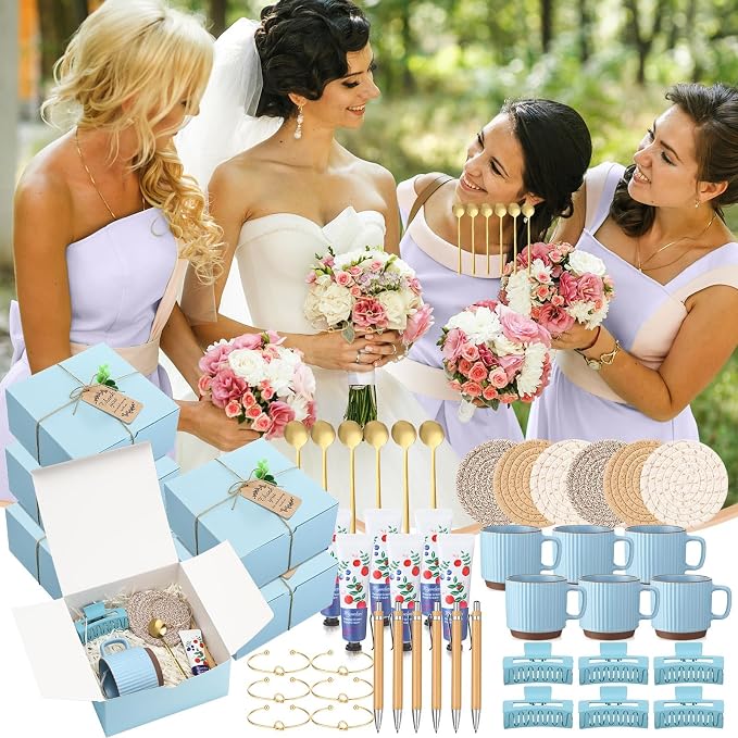 Reallnaive 61 Pcs Baby Shower Prizes for Game Winners Include Ceramic Mug Coaster Hand Cream Pen Spoon Bracelet Hair Clip Card Gift Box with Raffia for Guests Gender Reveal Bridal Shower Party(Blue)