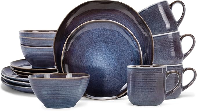 Elanze Designs Reactive Glaze Farmhouse Rustic Boho Ceramic Stoneware Dinnerware 16 Piece Plate Bowl Mug Dish Set - Service for 4, Purple Ombre Blue