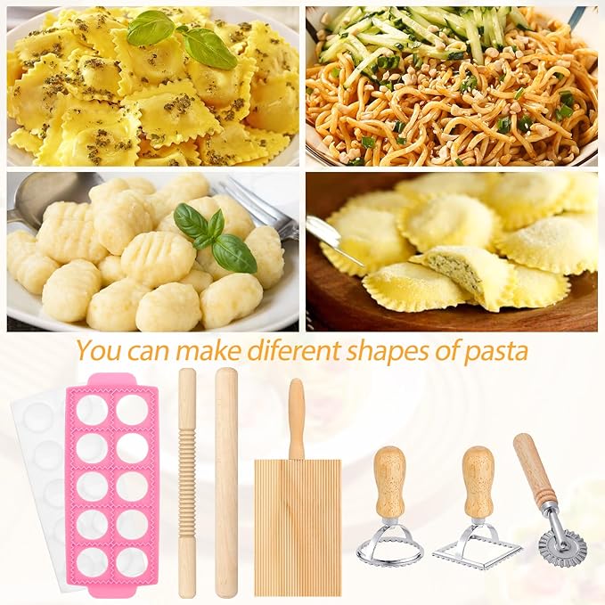 7PCS Pasta Maker Tool Set, Ravioli Mold Set, Ravioli Maker with Roller Wheel, Ravioli Cutter Set with Wooden Handle, Pasta Making Kit for Ravioli Press Mold Pasta Making Kit Accessories for Home (7)