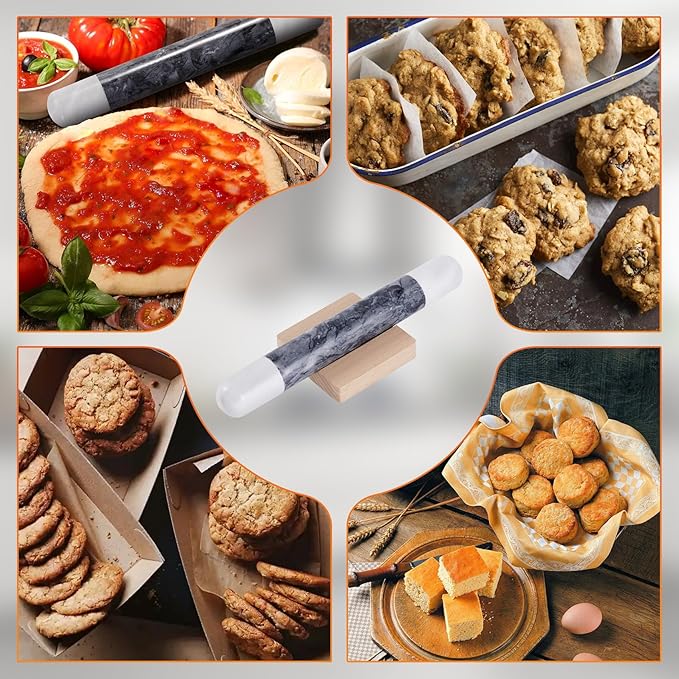 Tianman French Marble Rolling Pin.12 Inchs Marble Rolling Pin for Baking With Wooden Base Holder Stand-Non-Stick Baking Roller for Baking Fondant, Pizza,Cookies,Crust,Pasta(White-Black-White)