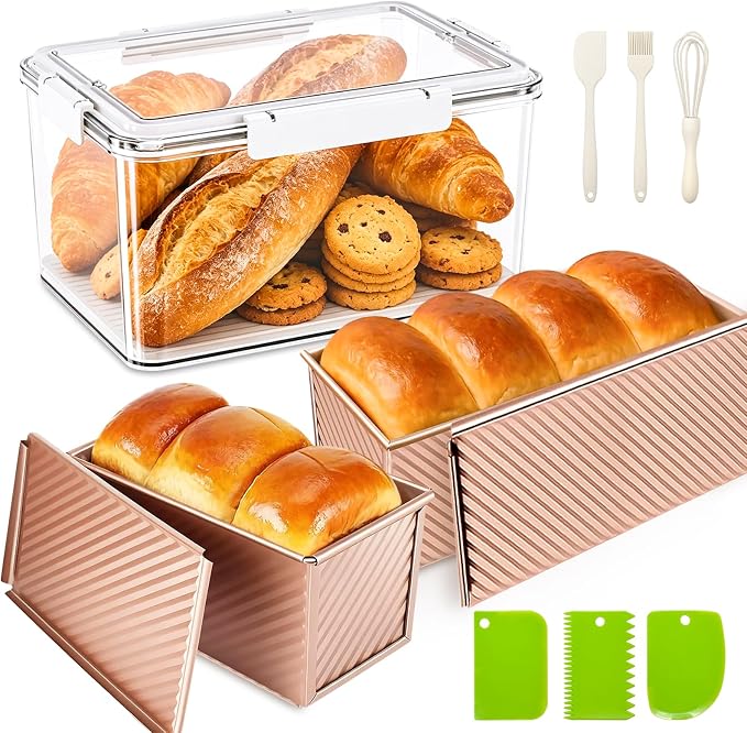 3Pack 1LB Bread Loaf Pan with Lid + Bread Storage Container, Nonstick Bread Pans with Lids for Homemade Sandwich Bread, Pullman Bread Baking Pans & Breadbox for Homemade Bread