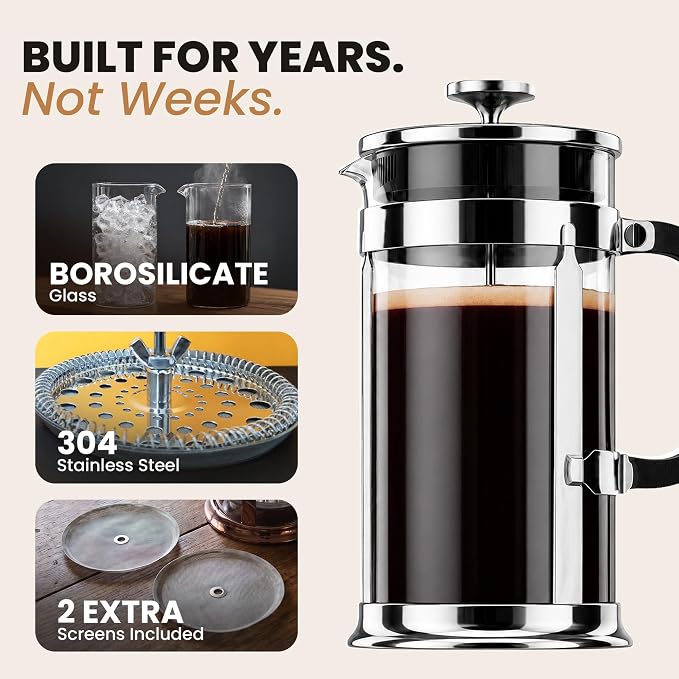 EzDtach French Press Coffee Maker 34oz Chrome – Borosilicate Glass Pot with 304 Grade Stainless Steel French Press, Double Filter and 2 Extra Screens for Rich, Full-Bodied Flavor at Home or Office
