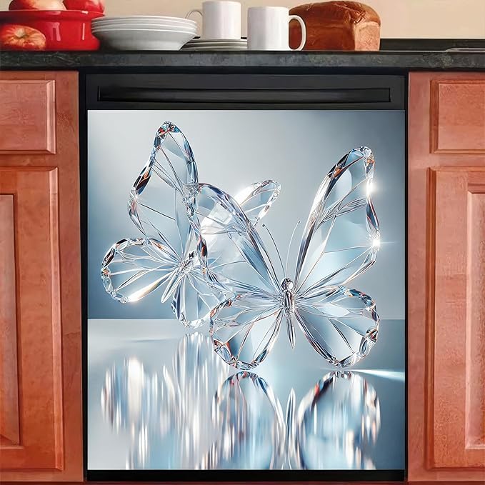 BlissYard Butterfly Dishwasher Magnet Cover 23x26 Inch Crystal Butterfly Kitchen Decor Dishwasher Magnet Cover Refrigerator Magnet Sticker Clean Dirty Magnet for Home Kitchen Office Fridge Decorative