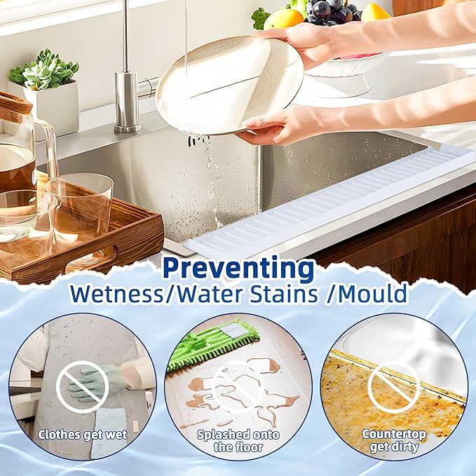 Silicone Sink Splash Guard & Edge Protector, 30 Inch Extra Long Kitchen Sink Splash Guard with Suction Cups, 5° Tilt Water Drip Back Design, DIY Cuttable Fits Any Size Single or Double Sink - White