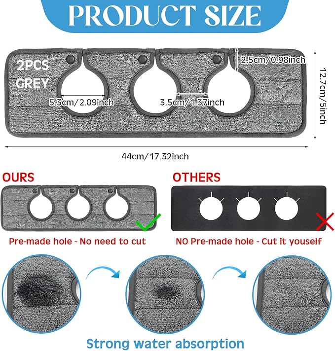 Teenyyou 2 Pcs Faucet Mat for Kitchen Sink Splash Guard for Kitchen Sink Faucet Dish Drying Mat for Bathroom Sponge Holder(Dark Gray,3 Round Holes)