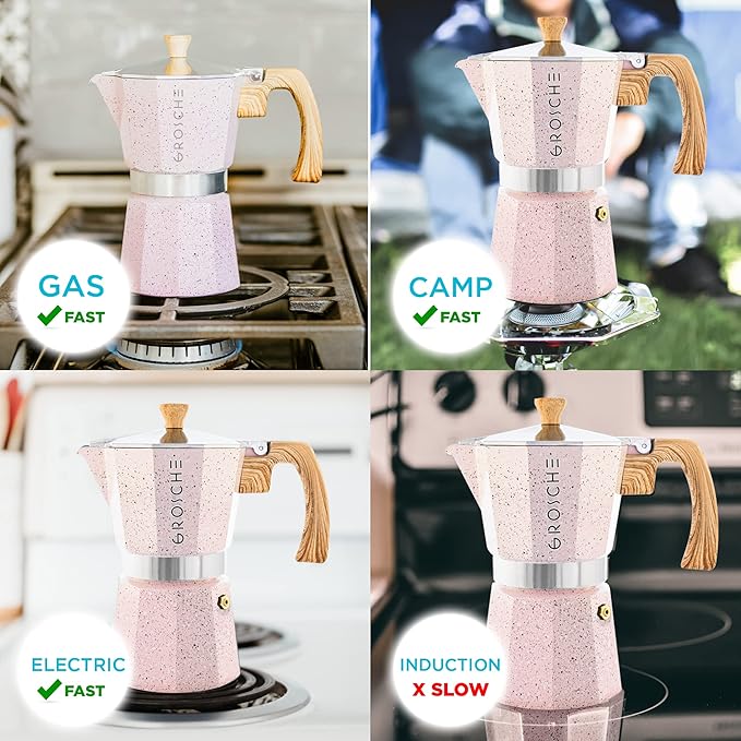 GROSCHE Milano Moka pot, Stovetop Espresso maker, Greca Coffee Maker, Stovetop coffee maker and espresso maker percolator (Pink, 3 cup)