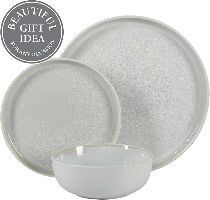 Gibson Elite Tahoe Sunset 12 Piece Stoneware Reactive Glaze (Service for 4) Ceramic Plates and Bowls Dinnerware Set - Cream White