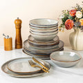 GBHOME Stoneware Dinnerware Sets for 6, 18 Pieces Rustic Earthenware Plates and Bowls Set, Handmade Reactive Glaze Ceramic Plate Sets, Chip Resistant Dishes, Microwave & Dishwasher Safe, Wheat Green