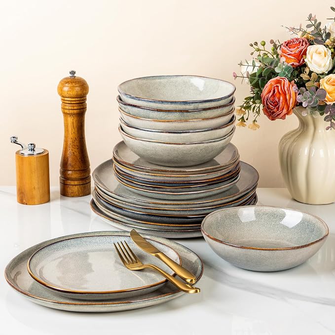 GBHOME Stoneware Dinnerware Sets for 6, 18 Pieces Rustic Earthenware Plates and Bowls Set, Handmade Reactive Glaze Ceramic Plate Sets, Chip Resistant Dishes, Microwave & Dishwasher Safe, Wheat Green