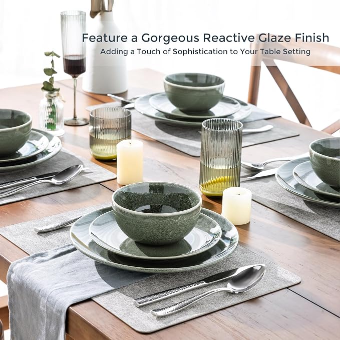 AmorArc Ceramic Dinnerware Sets for 6, 18 Pieces Handpainted Plates and Bowls Set, Scratch Resistant Stoneware Dishes Set, Dishwasher & Microwave Safe, Jade Green
