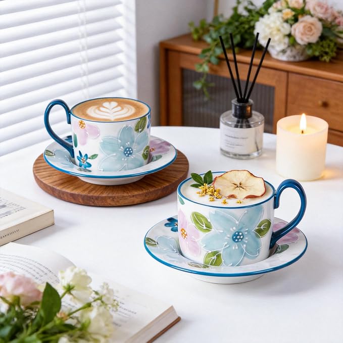 KAMMAK Tea Cups and Saucers Set of 2, Porcelain Coffee Cups, 8.5-Ounce Stackable Espresso Mugs, Ceramic Demitasse for Coffee, Latte, Americano, GX19