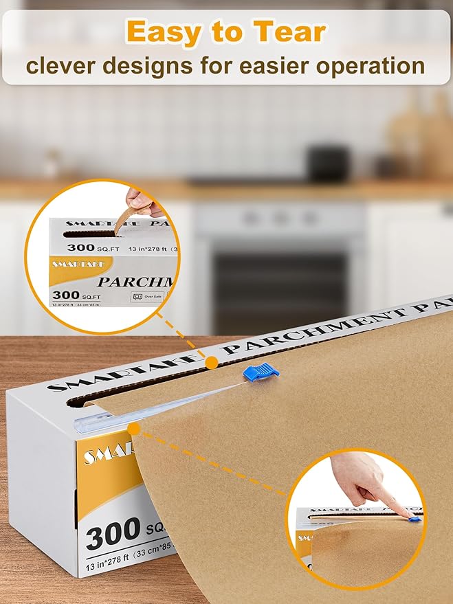 SMARTAKE Parchment Paper Roll for Baking, 13 in x 278 ft, 300 sq.ft, Non-Stick Baking Paper Sheets with Slide Cutter, Heavy Duty Extra Long, for Kitchen Baking Cooking Grilling Steaming, Unbleached