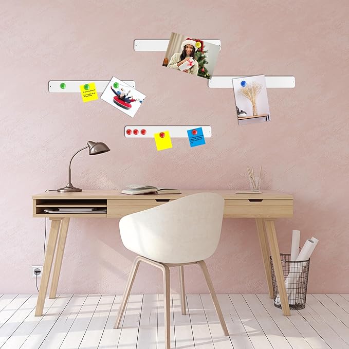6 Pcs 15" x 2" Magnetic Display Board Souvenir Bulletin Board Strip Set with 48 Pcs Colorful Magnet for Office Home Wall Display Notes, Photos(White)
