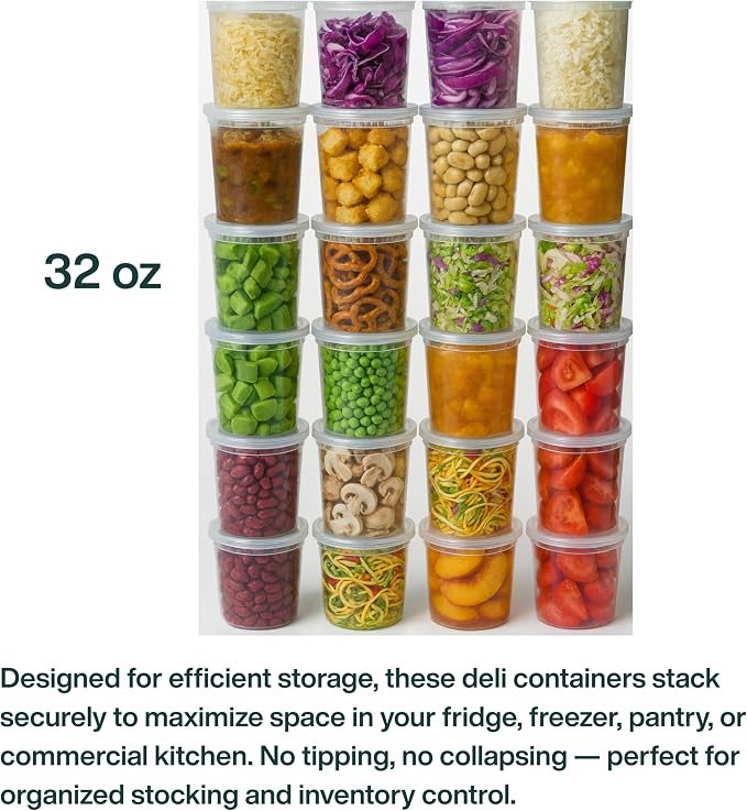 32oz [50 set] Heavy Duty Plastic Deli Container | BPA-Free Food Storage with Airtight Leak‑Proof Lids | Microwave, Freezer & Dishwasher Safe – Stackable, Bulk Reusable Soup & Meal Prep Tub