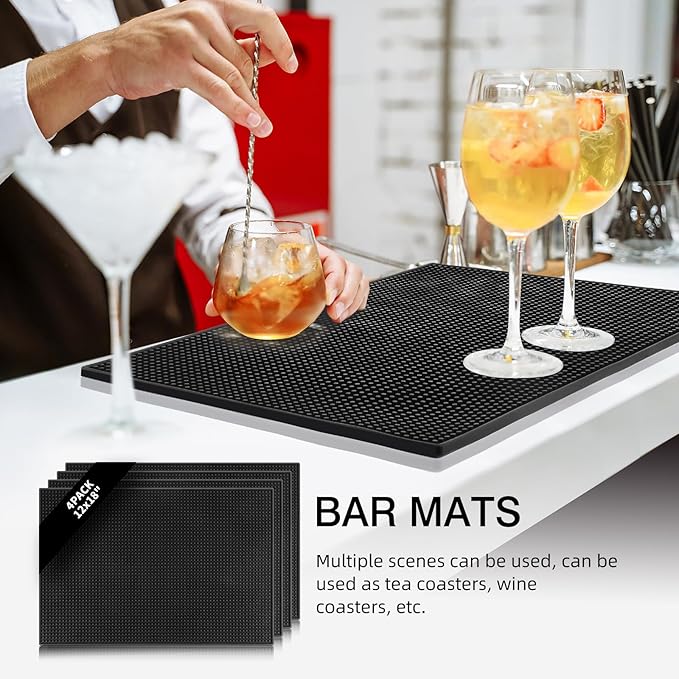 4 Pcs Bar Mats for Countertop 18 x 12 Inch Rubber Silicone Bar Drying Coffee Non Slip Mat for Bartending Home Cocktail Bars Restaurants (Black)