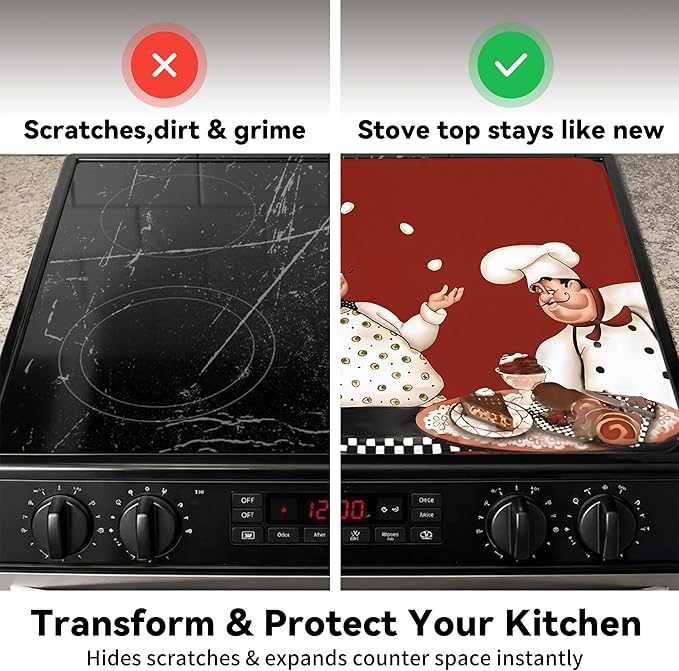 Decorative Stove Top Covers for Electric Stove 28"x20" – Heat Resistant Glass Cooktop Protector Dish Drying Mat – Non-Slip Rubber Backing Washer Top Cover Waterproof Extra Counter Space (Chef)