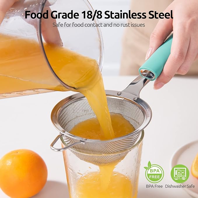 U-Taste 10 Piece Measuring Cups and Spoons Set in 18/8 Stainless Steel (Multicolors), and 18/8 Stainless Steel 3.9 inch 30 Mesh Strainer (Aqua Sky)