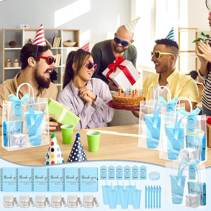 Nuogo 6 Sets New Parent Shower Prizes for Player Winners Adult, Wedding Bridal Shower Gift, Plastic Tumbler Notebook Scented Candle Ballpoint Pen Bag (Blue Color,Classic Style)