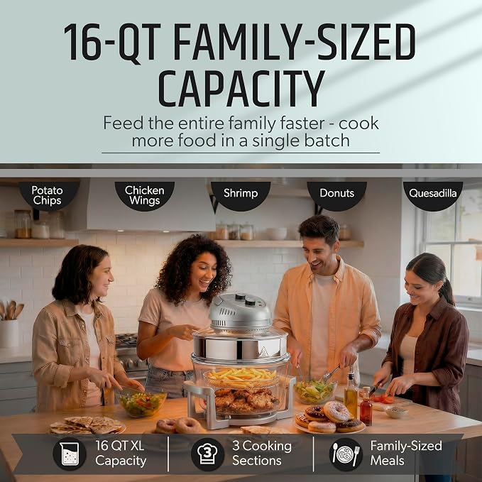 Granitestone 16Qt Large Glass Air Fryer Non Toxic – Family Sized Airfyrer Cooker with 3 Cooking Sections, Stainless Steel Racks, for French Fries, Chicken, No Preheat, Self Cleaning, Dishwasher Safe