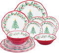 UPware 16 Piece Christmas Tree Melamine Dinnerware Sets, Outdoor Dishes Set, Plates and Bowls Sets, Christmas Decorations, Service for 4, Red