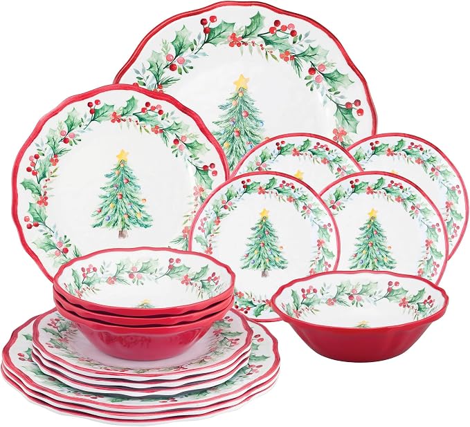UPware 16 Piece Christmas Tree Melamine Dinnerware Sets, Outdoor Dishes Set, Plates and Bowls Sets, Christmas Decorations, Service for 4, Red