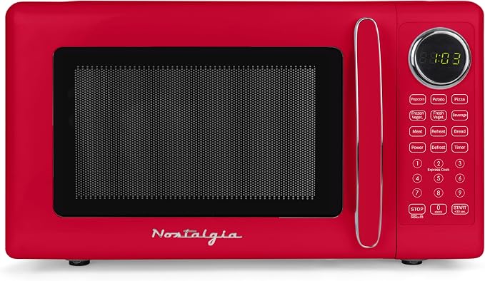 Nostalgia Modern Retro Compact Countertop Microwave Oven - 0.7 Cu. Ft. - 700-Watts with LED Digital Display - Child Lock - Easy Clean Interior - Red