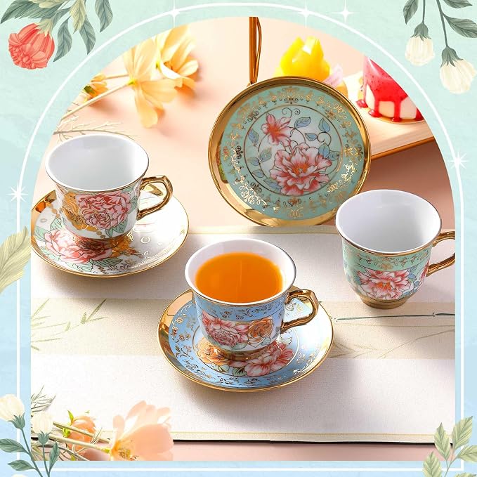 Teenyyou Set of 6 Tea Cups and Saucers Tea Party Decorations Floral Porcelain 5.4 oz British Gift for Women Birthday Party, Church, and Mother's Day (Classic Style)