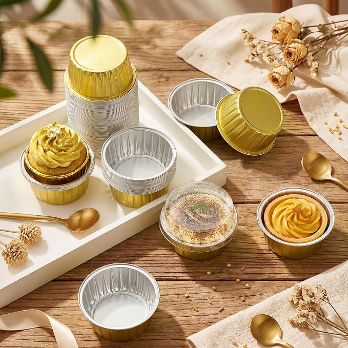 Gejoy 500 Pcs Aluminum Foil Baking Cups with Lids 5 oz Disposable Ramekins Mini Cake Pans Creme Brulee Cupcake Liners Muffin Dessert Container for Wedding Birthday Party (Classic,Gold Color)