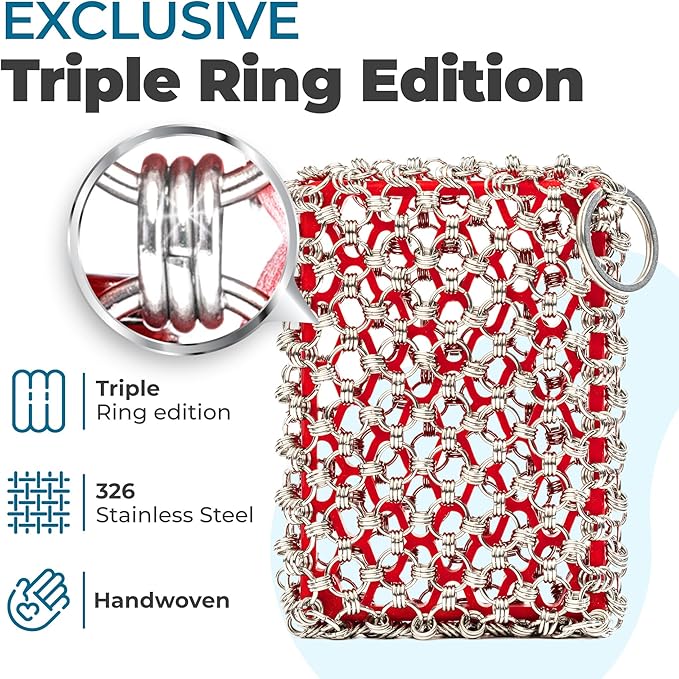 Cast Iron Care Bundle: 316 Stainless Steel 𝐓𝐫𝐢𝐩𝐥𝐞 𝐑𝐢𝐧𝐠 𝐂𝐡𝐚𝐢𝐧𝐦𝐚𝐢𝐥 Scrubber (Red) & Extra Thick Leather Handle Cover (𝐌𝐚𝐝𝐞 𝐢𝐧 𝐆𝐞𝐨𝐫𝐠𝐢𝐚) – Perfect for Pan