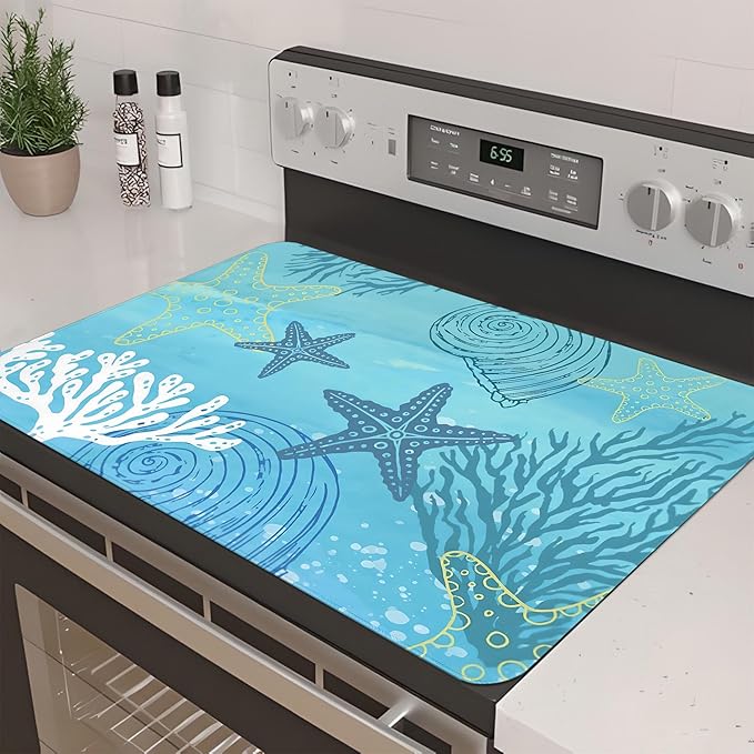 Decorative Stove Top Covers for Electric Stove 28"x20" – Heat Resistant Glass Cooktop Protector Dish Drying Mat – Non-Slip Rubber Backing Washer Top Cover Waterproof Extra Counter Space (Ocean 1)