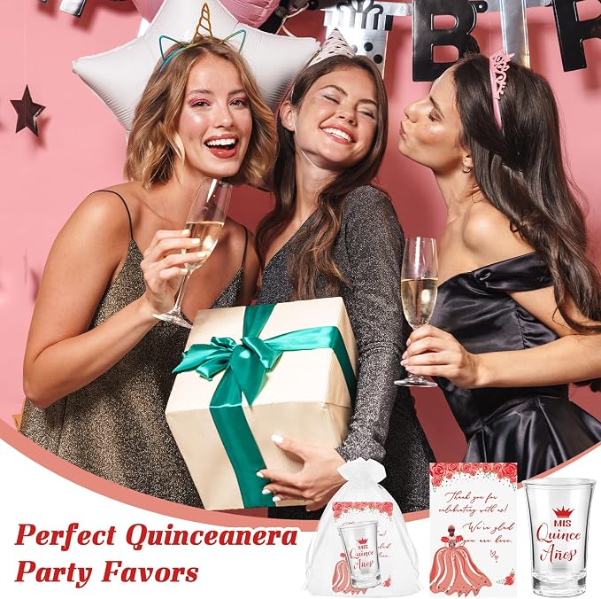 Havawish 50 Sets Quinceanera Party Favors for Guests Quinceanera Acrylic Clear Personalized Shot Glasses Thank You Cards with Organza Bags Mis Xv Años Sweet 15 Birthday Party Favors (Red)