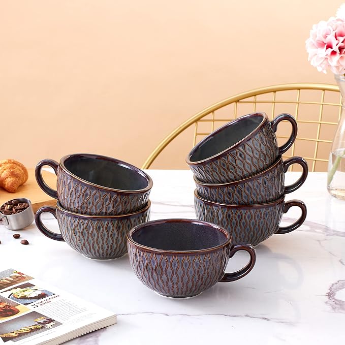 Coffeezone Set of 6 Cups Vintage Design 12 oz Professional Barista Ceramic Latte Art Cappuccino Cups Set (Embossed Grey * 6)