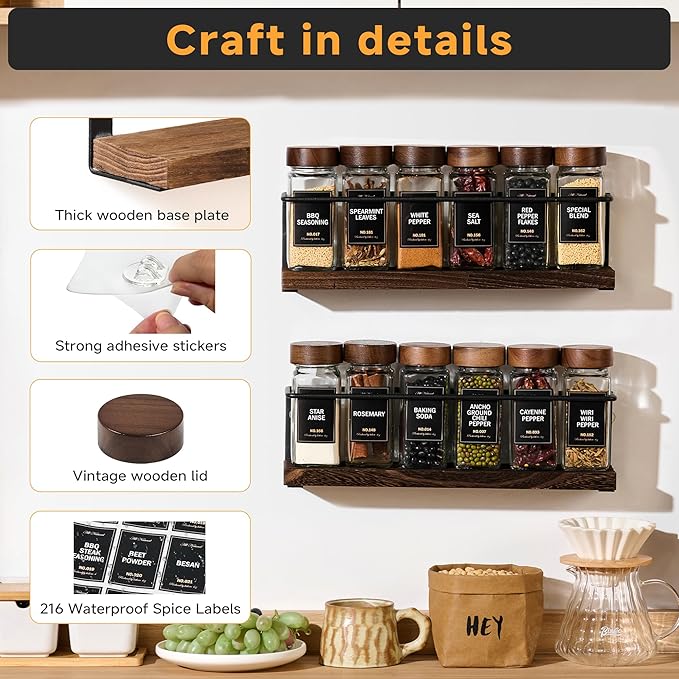 2-Tier Wall Mount Spice Rack Organizer with 12 Glass Jars, 216 Labels & Funnel - Screw/Adhesive Mount, Black Metal & Wood Spice Storage for Kitchen Pantry Cabinet, 11.6”L x 2.4”W x 3.2”H