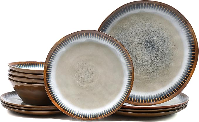 12 Piece Melamine Dinnerware Set, Unbreakable Plate and Bowls Set for 4,Indoor and Outdoor Use, Lightweight and Unbreakable Kitchen Dishes Set(Rustic Gray)