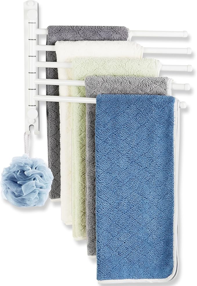 Swivel Towel Rack, 12.6 Inch Towel Bar with Wall Mounted 180° Rotation, 5 Arms Towel Hanger SUS 304 Stainless Steel, Space Saving for Kitchen, Bathroom, Outdoor, White